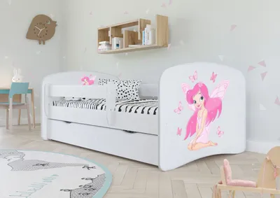 Produktbild von Kinderbett Jugendbett 80x180 cm Weiß mit Rausfallschutz Schublade und Lattenrost Kinderbetten für Mädchen und Junge - Fee mit Schmetterlingen
