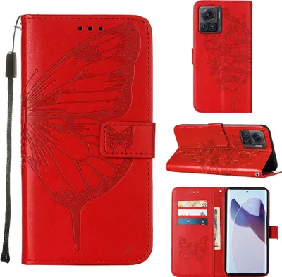 Produktbild von Moto X30 Pro Hülle, Schmetterling Prägung Flip Leder Kartenfächer Schutzhülle Ledertasche mit Ständer für Motorola Moto X30 Pro 5G Rot
