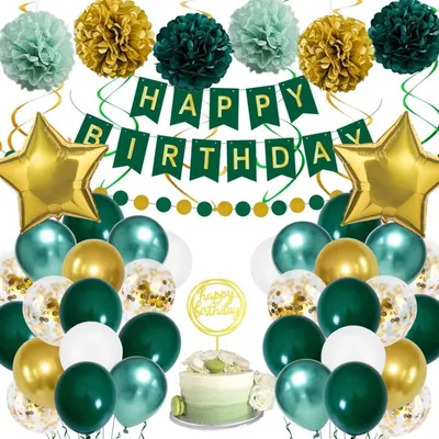 Image de Kit de décoration pour anniversaire, couleurs vert et or métallisé, comprenant des ballons, une bannière et des pompons, pour 55 pièces