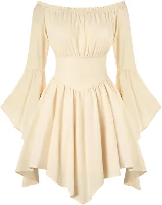 Productafbeelding van Dames off-shoulder jurk in renaissancestijl met lange klokmouwen en ruches, abrikoos