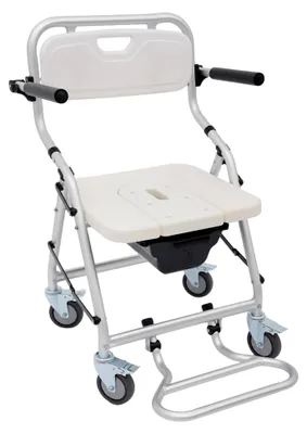 Produktbild von Rollstuhl mit Toilettenaufsatz, klappbarer Duschhocker, abnehmbare Rückenlehne, Duschtoilettenrollstuhl mit Universalrädern und Bremsen, wasserdichter und rutschfester Toilettenstuhl, Tragfähigkeit 150 kg