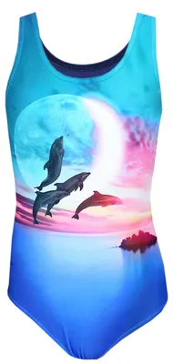 Produktbild von Aquarti Mädchen Badeanzug mit Ringerrücken Print, Farbe: Delfine Mond Rosa / Blau, Größe: 158