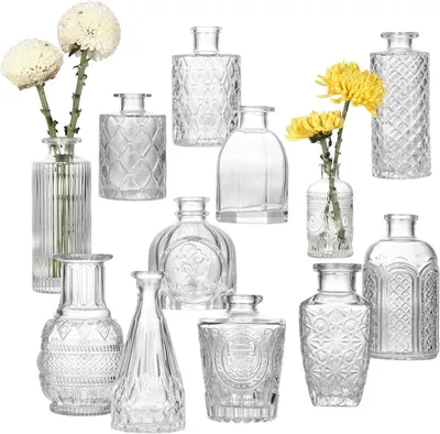 Immagine prodotto di 12 vasi di vetro, piccoli vasi per fiori in stile vintage, trasparenti, ideali per la decorazione della tavola, per fiori e per matrimoni