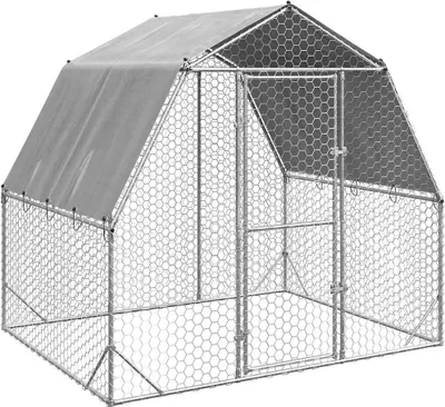 A gray chicken coop with a tarp roof, shown from a diagonal front view against a white background.