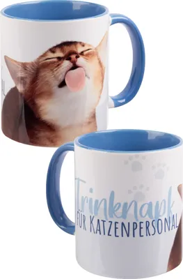 Produktbild von Katzen Tasse - Trinknapf für Katzenpersonal - Katze Kaffeetasse Becher Kaffeebecher aus Keramik Blau Weiß 320 ml