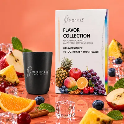 Produktbild von Wunder Zahnstocher mit Geschmack - Becher Schwarz + 80er Single Pack frischer Atem mit Aromatisierte Zahnstocher - Lifestyle