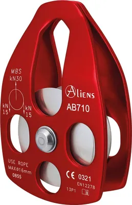 Rote Umlenkrolle "BIG PULLEY OPEN" von Aliens; geeignet für Seile bis 16 mm; mit einer maximalen Bruchlast von 30 kN.