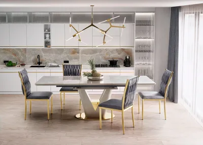 Produktbild von Design Esstisch Tisch HA-777 Grau Marmoroptik - Gold ausziehbar 160 bis 220 cm