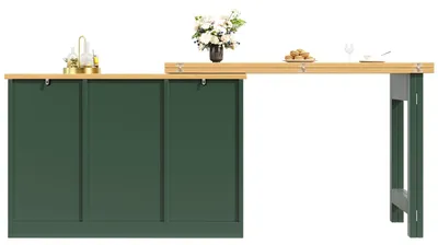Produktbild von Flieks Drehbarer Bartisch mit Sideboard, Ausziehbarer Bartisch 360° Drehbar, Kommode mit Schubladen, Weinregal und Türen, 120-180x40x76cm, Antikgrün