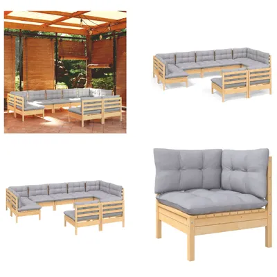 Produktbild von vidaXL 9 tlg. Garten Lounge Set mit Grauen Kissen Kiefer Massivholz - Garten-Lounge-Set - Garten-Lounge-Sets - Gartenmöbel-Set - Gartenmöbel-Sets