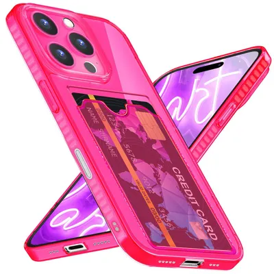 Produktbild von NALIA Neon Silikonhülle für iPhone 16 Pro Max – Kartenfach & Knallige Signal-Farbe – CARDPOP (Anti-Shock Handyhülle) – Marke aus Berlin – Pink