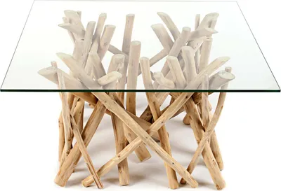 Produktbild von Design Teakholz Couchtisch DRIFTWOOD 80cm mit Glasplatte eckig Beistelltisch Wohnzimmertisch Sofatisch