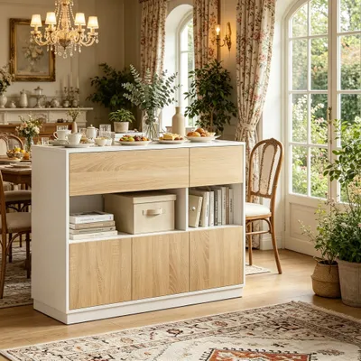 Produktbild von Sideboard Kommode mit Acrylglastür & offenem Fach, Anrichte Küchenschrank Flurschrank, Eiche-Optik & Weiß, 100 x 40 x 80 cm