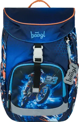 A blue backpack with a motorcycle graphic on the front, displayed against a white background.