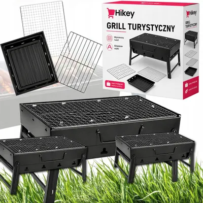 Obrázek produktu pro Skládací mini gril na dřevěné uhlí 40 x 20 x 35 cm, přenosný kufříkový gril na kempink a piknik, chromovaný rošt, 1,1 kg