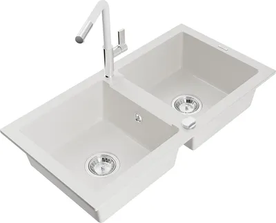 Immagine prodotto di Mexen Mario lavello in granito a 2 vasche con rubinetto da cucina Flora, bianco - 6504-20-670401-02