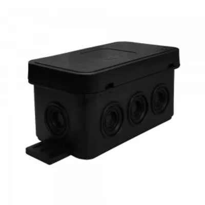 A black electrical junction box with multiple circular openings on its side, presented on a white background.