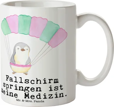 Produktbild von Mr. & Mrs. Panda Kaffeebecher Pinguin Fallschirm springen - Weiß - Geschenk, Fallschirmspringen, schöne tasse, Luftakrobatik, Skydive, Trinkbecher, Keramiktasse, Becher