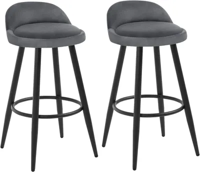 Two dark gray bar stools are shown from the front against a white background.
