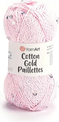 A ball of pink yarn with small metallic threads and sequins.