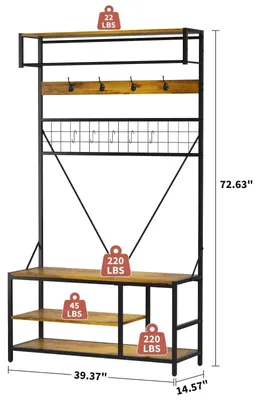Zdjęcie produktu dla Wieszak na ubrania z siedziskiem - garderoba do przedpokoju - półka na buty 5 w 1 z drążkiem na ubrania - półka regulowana - wysokość 100 cm - metalowa konstrukcja, drewno - kolor brązowy