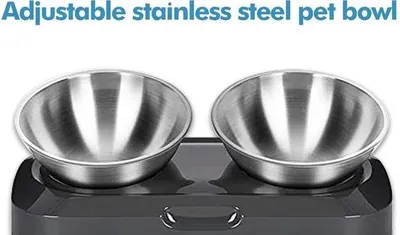 Produktbild von Famanu Futterstation doppelte Schüssel aus Edelstahl - verstellbarer Winkel 0 und 15°
