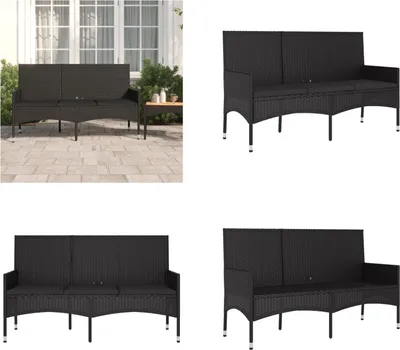 Image de vidaXL Banc de jardin 3 places avec coussins noir Poly rotin - Banc de jardin - Banc - Banc extérieur