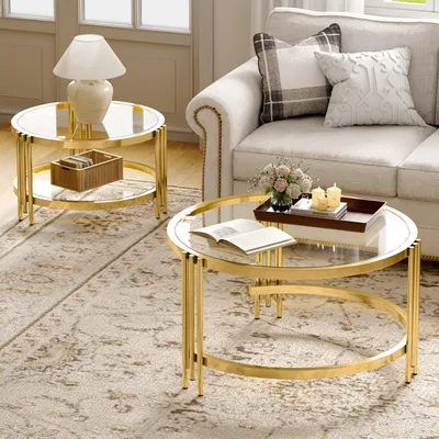 Produktbild von okwish Couchtisch 2er-Set mit Glasplatte, Sofatisch Metallgestell, Für Wohnzimmer in Gold