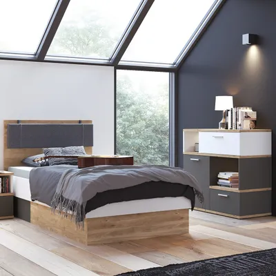 Produktbild von Jugendzimmer Set 2-teilig TOMAR-129 mit Bett 90x200 cm in Eiche Nb. mit weiß und grau