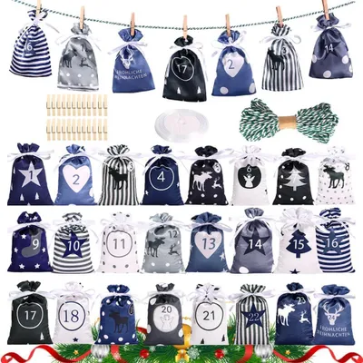 Immagine prodotto di Sacchetti in tessuto per calendari dell'Avvento - 12 x 21 cm - Calendario dell'Avvento grande, da riempire - Calendario di Natale 2024 - Da realizzare in casa