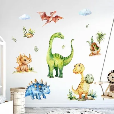Obrázok produktu pre Nástenné obrazy s motívom dinosaurov, akvarel, tropické listy, detská izba