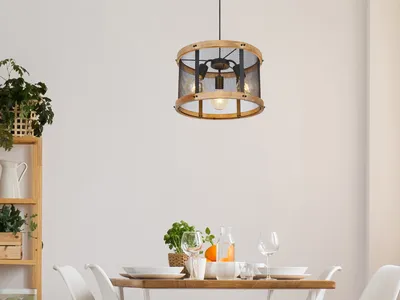 Produktbild von LED Pendelleuchte mit Holz & Drahtgeflecht, Ø40cm