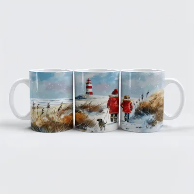 Produktbild von raxxa Premium-Tasse "Winter Beach Walk with Dog to Lighthouse"
