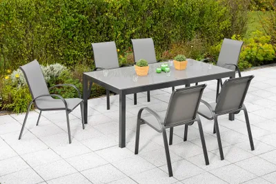 Produktbild von Merxx Gartenmöbelset "Amalfi" 7tlg. mit Semi Ausziehtisch 200/300 x 100 cm - Aluminiumgestell Graphit mit Textilbespannung Grau