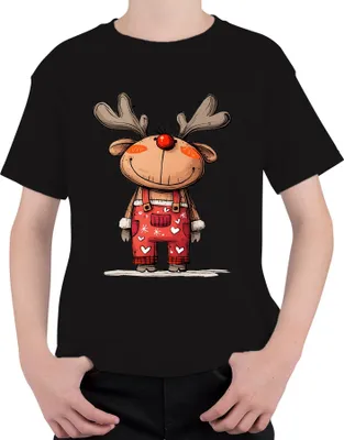 Produktbild von Rudolf Rentier rote Nase Weihnachten niedlich Geschenk Cartoon Uni Kinder T-Shirt, Schwarz, 152