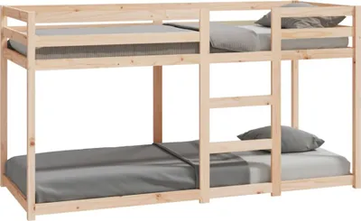 A wooden bunk bed with gray mattresses and pillows, shown against a white background.