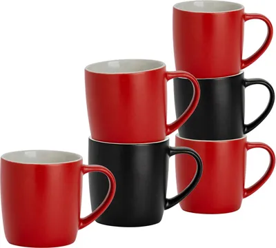 Produktbild von Argon Ta Kaffeetassen in matten Farben – 350 ml – Schwarz/Rot – 6er-Pack – Robuste Teetasse aus Steingut, spülmaschinen- und mikrowellengeeignet