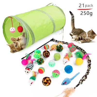 Produktbild von 21 Stücke Katzenspielzeug Set Katzentunnel Interaktives Katzen Spielzeug für Kätzchen Federspielzeug Katzenbälle Spielzeugmäuse