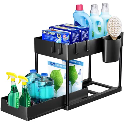 Produktbild von Unterspülregal, Unterspülregal-Organizer, freistehender 2-stöckiger Arbeitsplatten-Organizer, multifunktionales Küchenregal, Gewürzregal, Unterschrankregal, Unterspülregal – schwarz