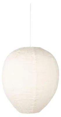 Pendelleuchte Cocoon XL mit ovalem Lampenschirm aus cremefarbenem Bouclé-Stoff und weißer Aufhängung in Gesamtansicht.