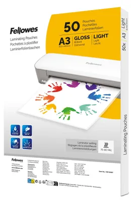Image de Feuilles de laminage A3 Fellowes – 50 pièces, finition brillante – Poches de laminage pour une utilisation à domicile, écoles, etc