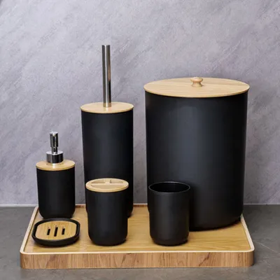Produktbild von Badaccessoires-Sets 6-tlg., Seifenspender, Badezimmer Set Bambus, Badzubehör, Zahnputzbecher, Zahnbürstenhalter, Seifenschale, Mülleimer WC Bürste