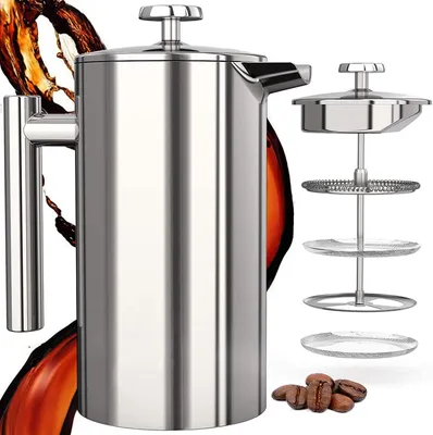 Produktbild von 1 Liter / 1000 ml Kaffeebereiter - Doppelwandige Edelstahl - Kaffeemaschine - Französische Kaffeepresse - Kaffeekanne - Französisches Pressensystem mit Edelstahlfilter