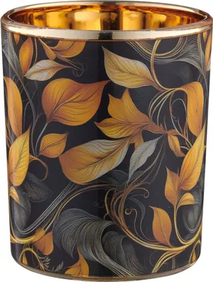 Produktbild von GASPER Lepuro INSTYLE  Teelichtglas Orange & Schwarz mit floralem Muster Ø 7 cm - Glas