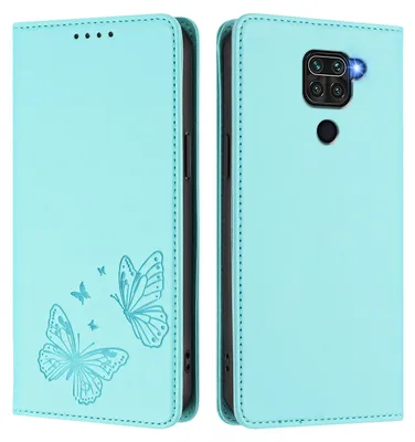 Obrázek produktu pro Kožené pouzdro pro Xiaomi Redmi Note 9 4G, motýlí ražbou, peněženkové flip pouzdro se stojánkem Mátově zelená