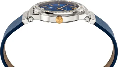 Produktbild von Versace VEVI00120 Greca Logo silber gold blau Leder Armband Uhr Herren NEU