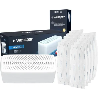 Immagine prodotto di Deumidificatore Wessper + 10 sacchetti da 500 g di granulato HUMIFILL – Deumidificatore per ambienti contro umidità, muffa e odori