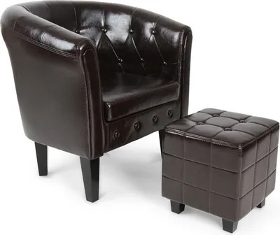 Produktbild von MIADOMODO® Chesterfield Sessel mit Hocker - aus Holz und Kunstleder, Kupfernieten, Rautenmuster, Braun- Loungesessel inkl. Sitzhocker