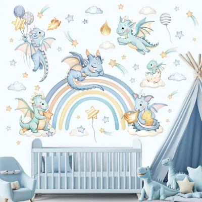 Produktbild von Muursticker Regenbogen-Drache – Wanddekoration für Kinderzimmer – Wandsticker für Babyzimmer – Wanddekoration für Schlafzimmer – Wandsticker mit Tieren – 3 Stück