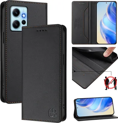 Obrázek produktu pro Kožené pouzdro pro Xiaomi Redmi Note 12 4G, flipové pouzdro s přihrádkami na karty, peněženkou a stojánkem Černý